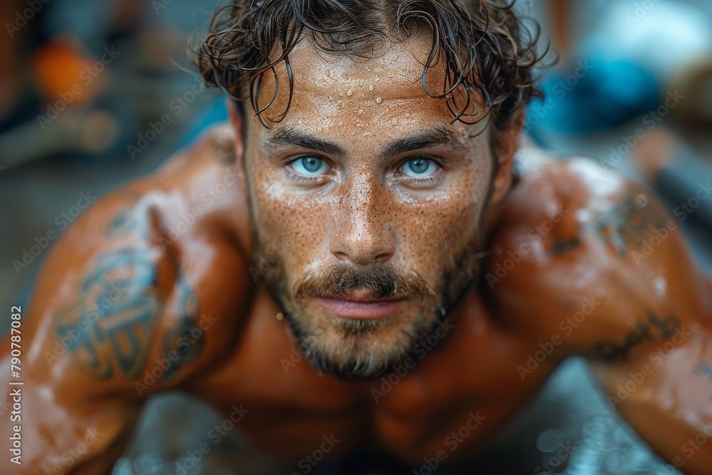 An intense and concentrated close-up of a male swimmer's face, with sweat and water droplets visible An intense and concentrated close-up of a male swimmer's face, with sweat and water droplets visible