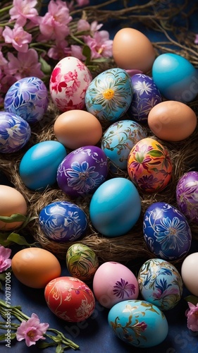 Collection of intricately designed easter eggs lies nestled within rustic nest, surrounded by gentle embrace of blooming pink flowers. Each egg, masterpiece, adorned with elaborate patterns, designs.