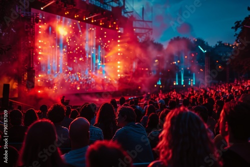 Energetic concert scene with a crowd watching a stage with bright lights and fireworks