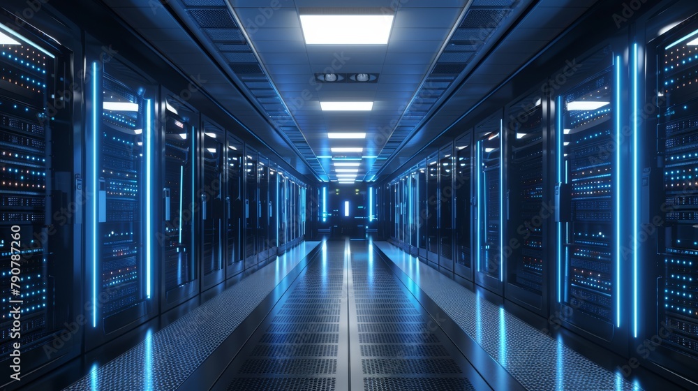3D rendering of computer server racks in a data center with advanced security features.