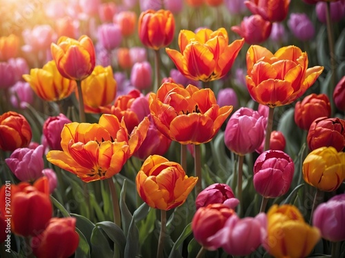 Vibrant  colorful field of tulips bathes in soft glow of sunlight  with petals ranging from deep reds to bright yellows.