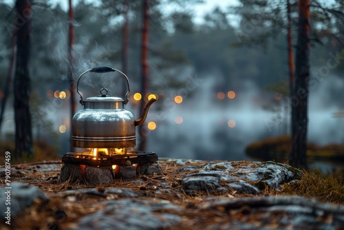 A tranquil outdoor scene with a kettle on a camp stove among pine trees with bokeh lights and mist