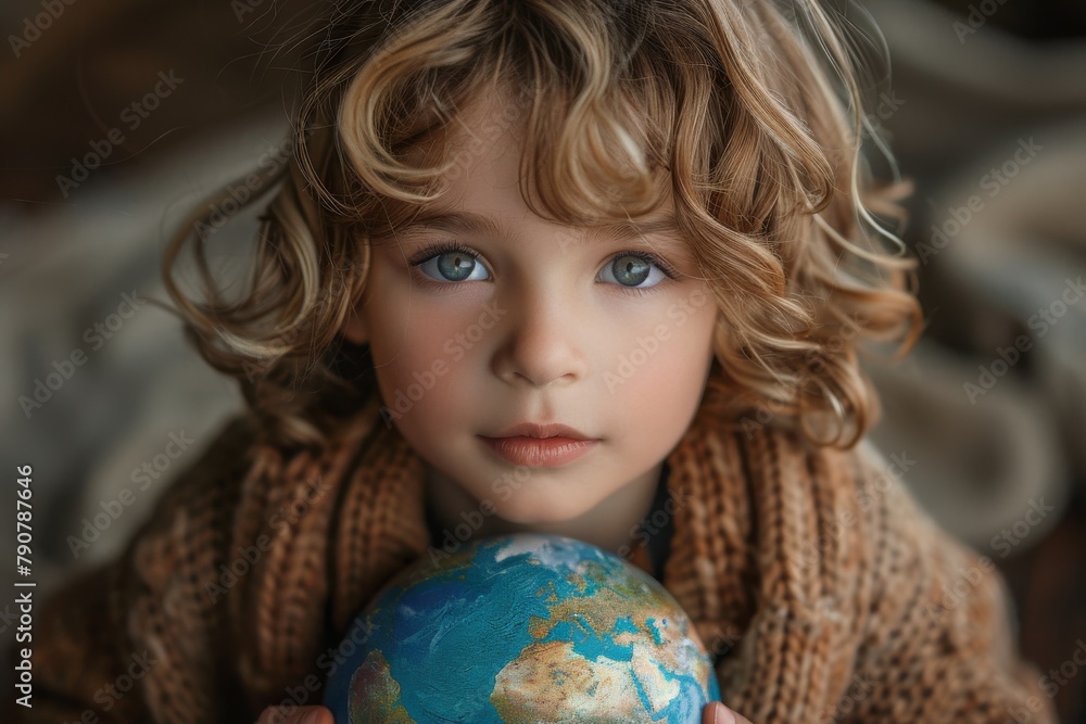 Bright-eyed and inquisitive, this child grasps a globe, symbolizing a connection to the world and a thirst for knowledge Bright-eyed and inquisitive, this child grasps a globe, symbolizing a connection to the world and a thirst for knowledge