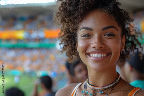 A joyous woman with a vibrant smile and lively spirit at an outdoor sports event, showcasing her charisma