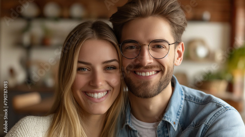 Close up focus of happy young Caucasian couple show keys to first share own apartment or house. Smiling millennial man and woman celebrate relocation to new home. Moving, rental, estate concept. © Karol