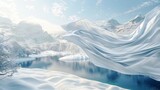 3D rendering with a seamless flying crystal cloth over a winter landscape.