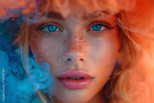 Compelling portrait of a woman with enchanting blue eyes and scattered blue pigments amid contrasting smoke