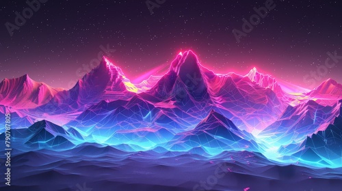 Virtual reality landscape, polygonal mountains in neon colors photo