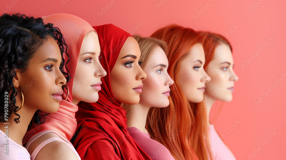Fototapeta premium Muslim Woman Photo Group. A group of young muslim women wearing headscarves having fun together. Portrait of smiling young Arabian girl in red hijab looking at camera on light background, widescreen