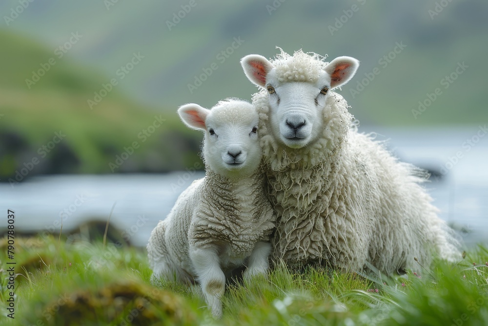 Despite the obscured view, a playful lamb can be seen in a lush green environment with its protective parent sheep close by Despite the obscured view, a playful lamb can be seen in a lush green environment with its protective parent sheep close by