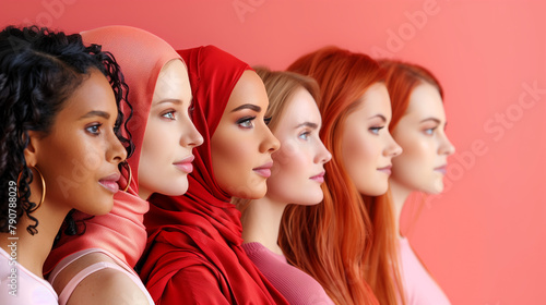 Muslim Woman Photo Group. A group of young muslim women wearing headscarves having fun together. Portrait of smiling young Arabian girl in red hijab looking at camera on light background, widescreen photo