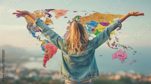 Happy woman going on summer holiday. Smiling overjoyed young girl wearing jeans walking with her travel bag on bright turquoise background. Vacation concept. Travel planning concept on map. 