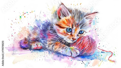 Cheerful watercolor of a cartoonstyle kitten playing with a ball of yarn, bright and playful colors on a crisp white background © JK_kyoto