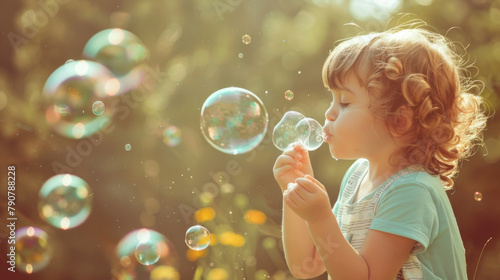 A young girl smiling as she blows bubbles into the air, creating a playful and carefree moment