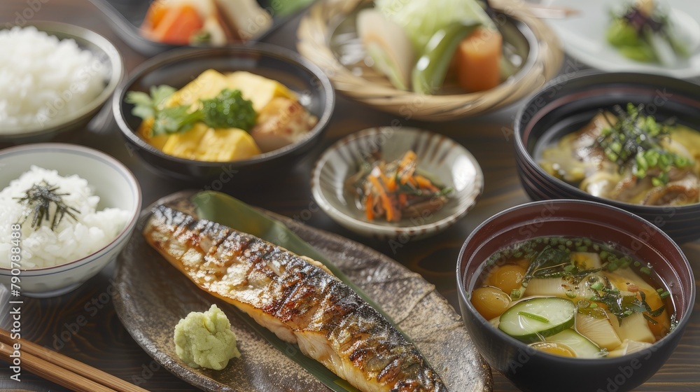 Grilled mackerel with rice and vegetables on wooden table Grilled mackerel with rice and vegetables on wooden table
