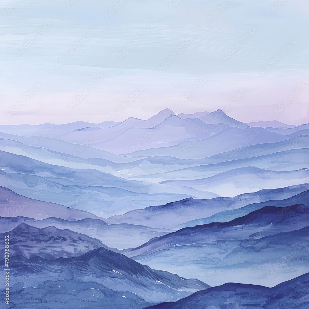 Gentle illustration of a mountain range under a pastel sky, light purples and blues blending seamlessly to depict a peaceful, distant vista