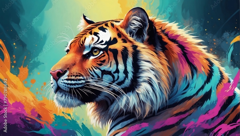 Abstract Wallpaper, Majestic Tiger in Vibrant Colors Against a Soft Background.