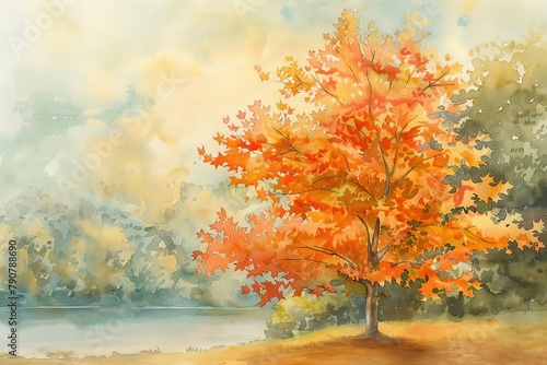 Gentle rendering of an autumnal scene featuring a maple tree, its leaves a cascade of light oranges and reds, reflecting the change of seasons