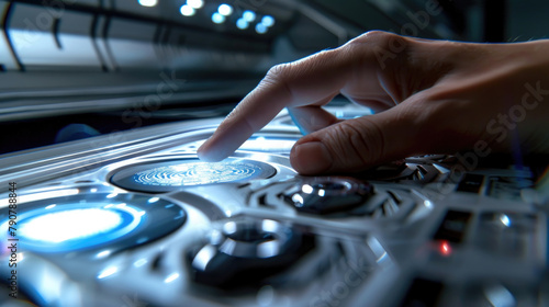Close-up of a persons hand pressing buttons and turning knobs on a control panel
