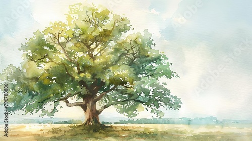 Soft watercolor depiction of a solitary oak tree  its expansive branches lightly dabbed with green against a serene sky  symbolizing strength and endurance