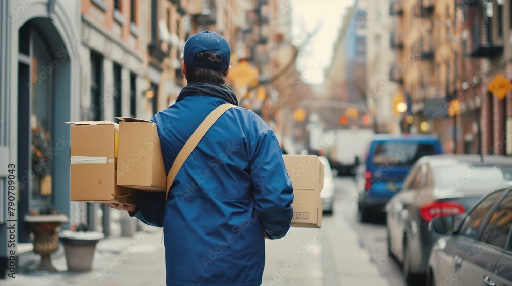 Man Walking Down Street Carrying Boxes Man Walking Down Street Carrying Boxes