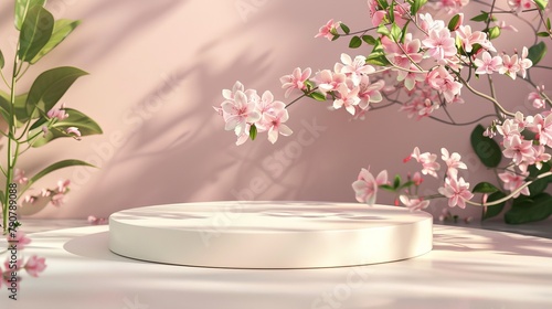 Spring flower podium backdrop for product display. 3D rendering.