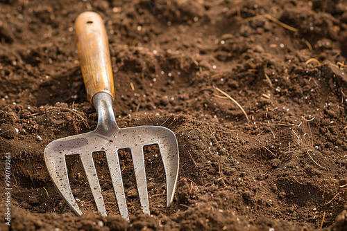 close-up composition highlighting the craftsmanship of a gardening hand trowel and fork standing in garden soil, against a clean and uncluttered background, emphasizing the precisi photo