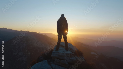 A person standing on the summit of a mountain during sunset, admiring the scenic view and golden hues in the sky © sommersby