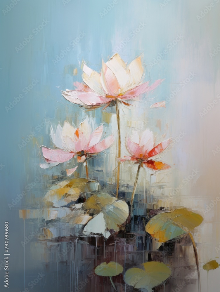Pink lotus water lily flower Oil painting impasto illustration, lake ...