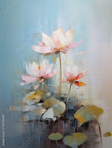 Pink lotus water lily flower Oil painting impasto illustration, lake background. Valentine, Woman's day and Mothers day concept, art for design poster, greeting card, banner, wedding invitation
