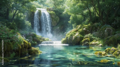 Tranquil Forest Waterfall Oasis, generative ai