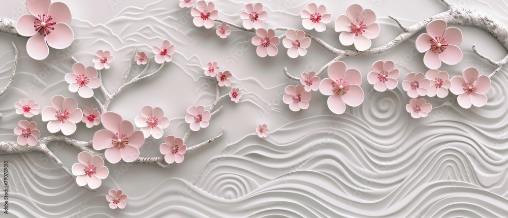 The pattern of a Japanese traditional background represents the season of spring. Sakura flowers, seamless modern ornaments and various umbrellas, cherry blossoms, waves, clouds and dogs.
