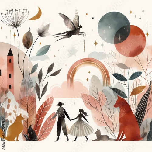 Contemporary style minimalist artwork fairy tale collage watercolor illustration.
