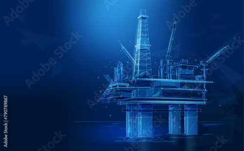 Offshore Rig, technological low poly style. Oil production, innovative technologies. Polygonal wireframe contemporary vector illustration.