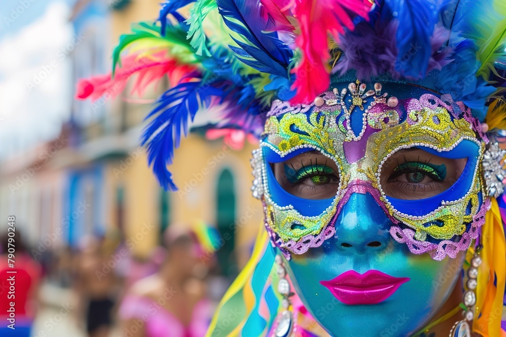 Woman Wearing Colorful Mask With Feathers