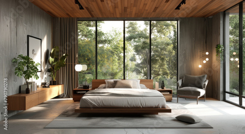 A minimalist bedroom with large windows, a wooden ceiling and light gray colored walls. © Kien