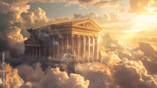 A dreamy Greek temple floating clouds,Surreal art Ancient Greek temple myth. photo