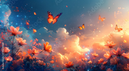 Ethereal Eden: Watercolor Portrait of Luminous Nebula with Colorful Butterflies and Glowing Flowers