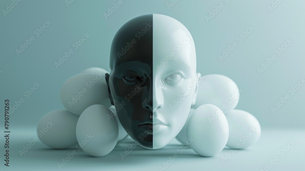 Black and white split-face sculpture with surrounding spheres on subtle backdrop Black and white split-face sculpture with surrounding spheres on subtle backdrop
