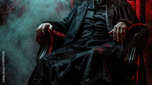 Mysterious figure in black cloak sitting ornate chair surrounded by red smoke