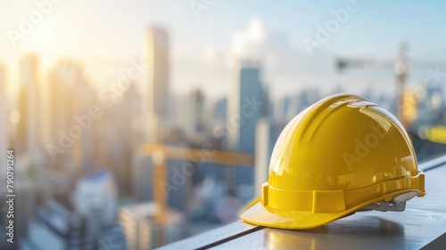 Yellow safety helmet on ledge with blurred cityscape photo