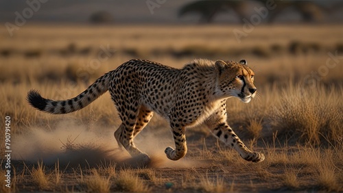 A gracefully sprinting cheetah, its sleek body stretched in mid-air as it chases its prey across the vast plains. This scene is masterfully depicted in a hyper-realistic painting,showcasing the cheeta