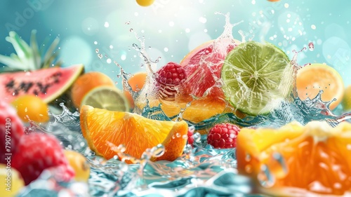 Fresh tropical fruits background with water splashes created with Generative AI
