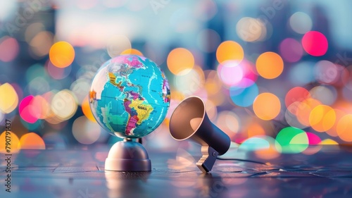 Globe with magnifying glass against bokeh light background