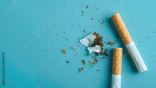 Broken cigarette and tobacco on blue background photo