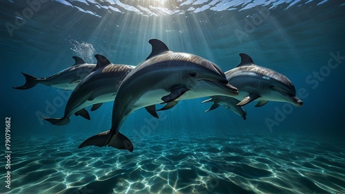 A joyfully frolicking school of dolphins dances beneath the sun-dappled surface of a tropical lagoon. Their sleek bodies glisten in the crystal-clear waters  while their playful leaps and flips captur