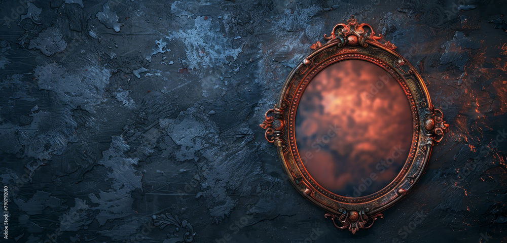 Antique ornate mirror with a dark blue grungy background. - obrazy, fototapety, plakaty 