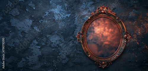 Antique ornate mirror with a dark blue grungy background. photo