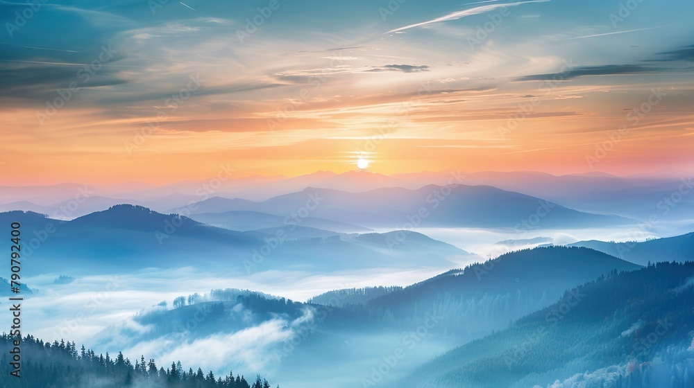 Mountain landscape with fog and mist at sunrise in the morning