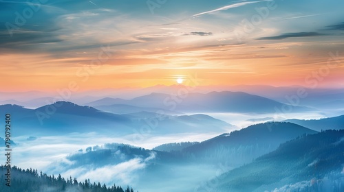 Mountain landscape with fog and mist at sunrise in the morning